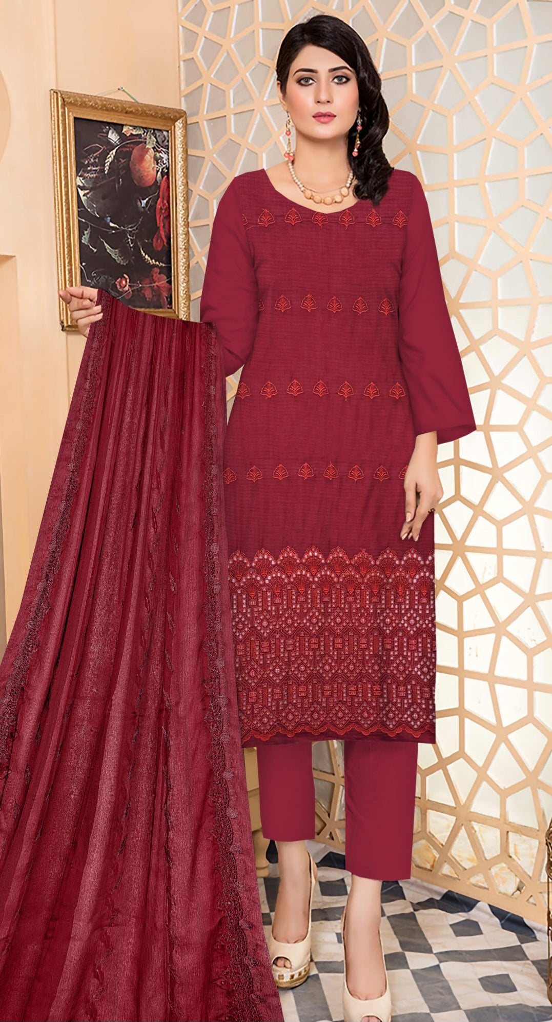 Red Lawn Unstitched 3-PC Embroidered Suit