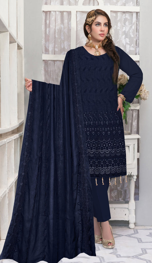 Navy Blue Lawn Unstitched 3-PC Embroidered Suit