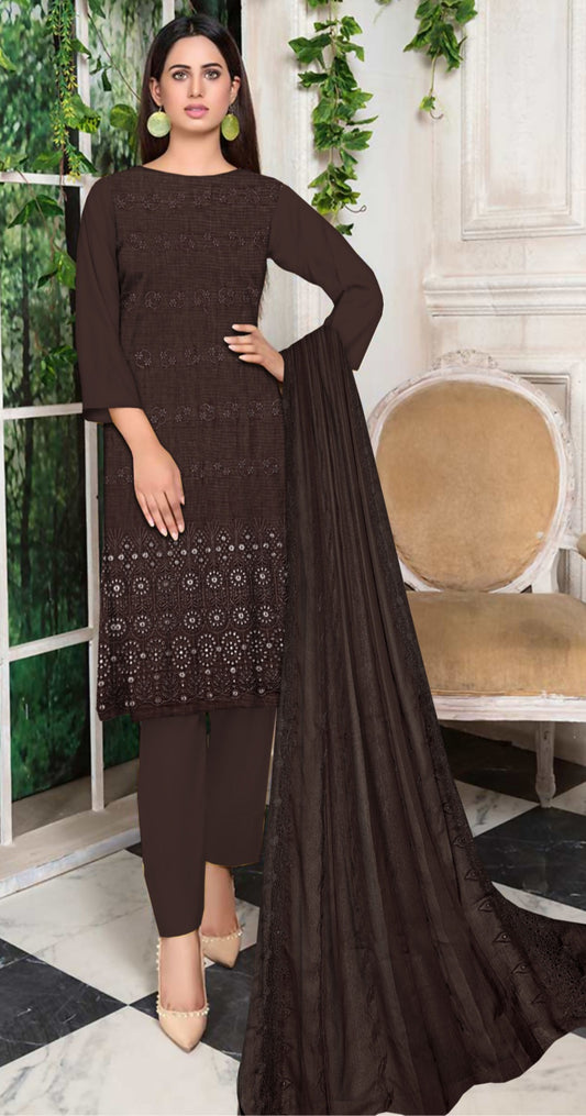 Brown Lawn Unstitched 3-PC Embroidered Suit